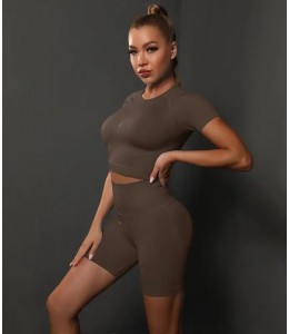 Безшовний жіночий фітнес комплект Crop T-Shirt+Tracks Push Up 24 (Chocolate)